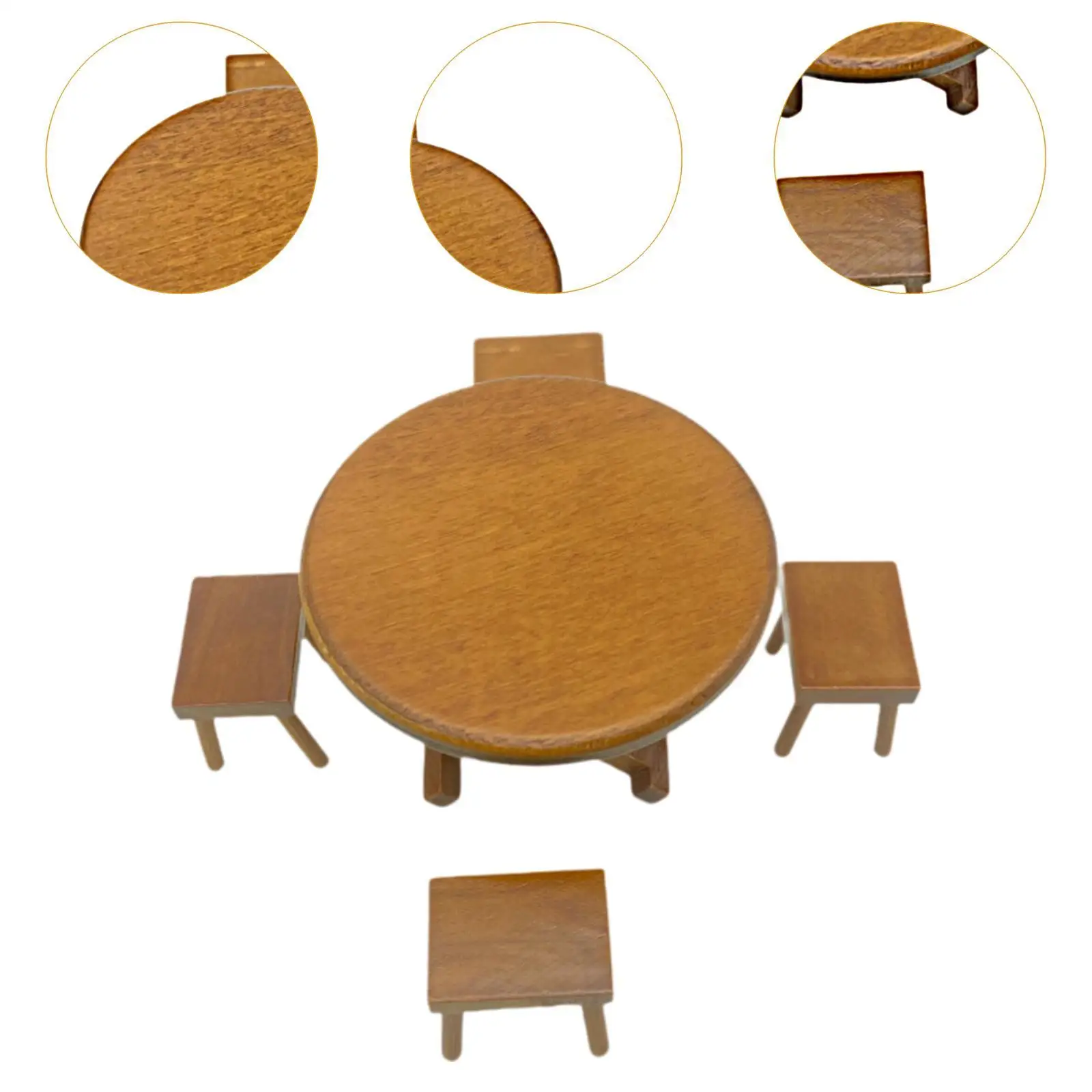 Ensemble de modèles de chaise de table à manger en bois, mini table et tabouret en bois 1:12,