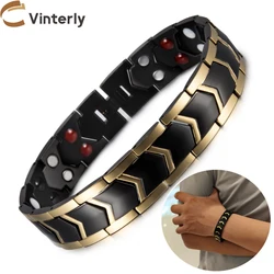 Vinterly Black Magnetic Bracelet Benefits Arrow Gold-color Luxury Stainless Steel Germanium Health Energy Jewelry Waterproof