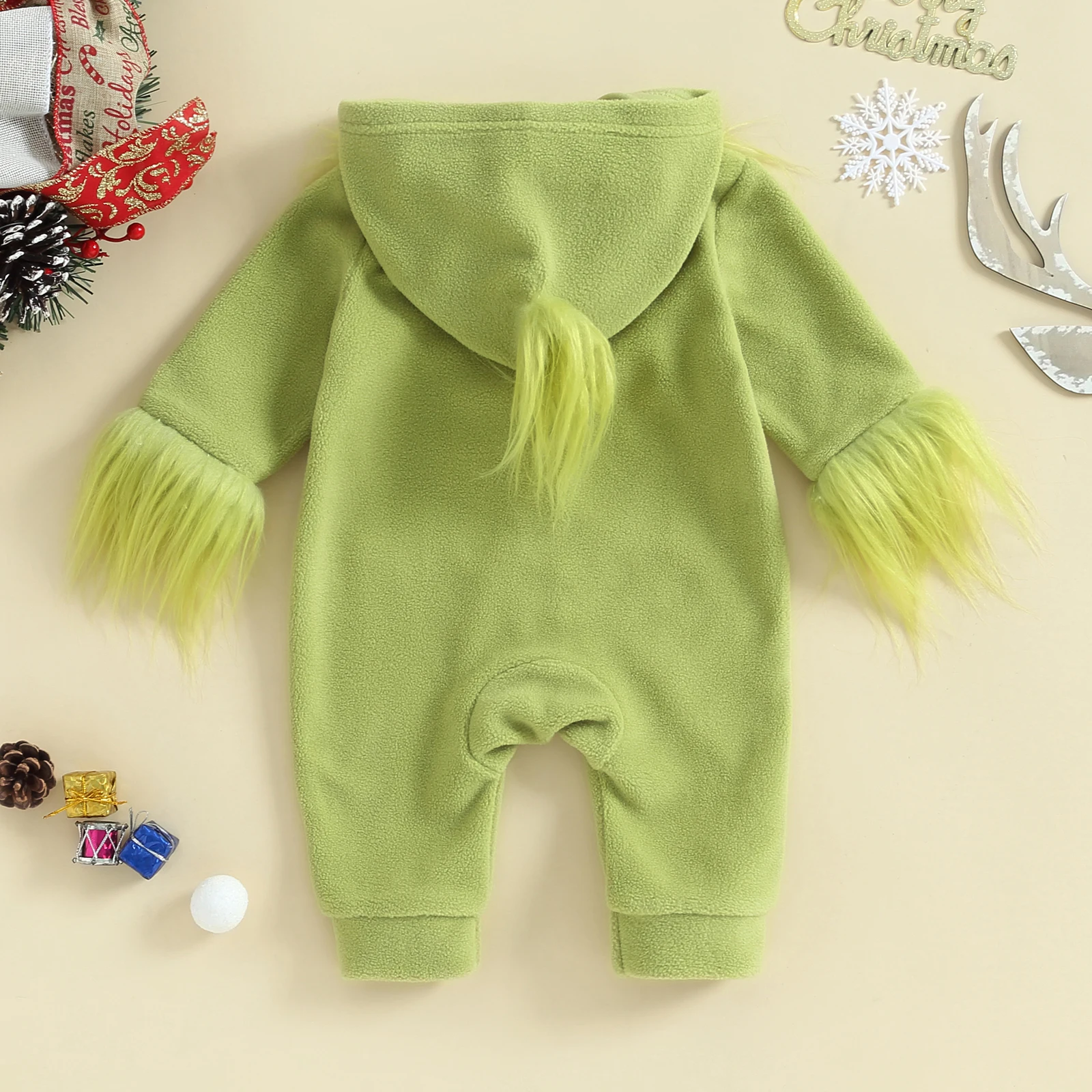 Baby Boys Girls Christmas Jumpsuits Fur Trim Long Sleeve Rompers Toddler Kids Green Monster Baby Cosplay Costume