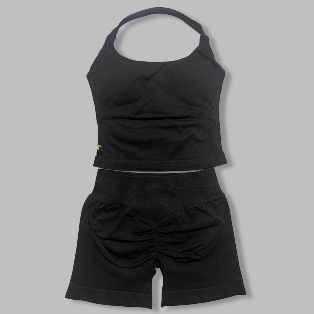 2PCS DF L0G0Women Halterneck Backless Yoga Set, Stretch Naadloze Halter Top Scrunch Hoge Taille Shorts Gym Workout Sportoutfits