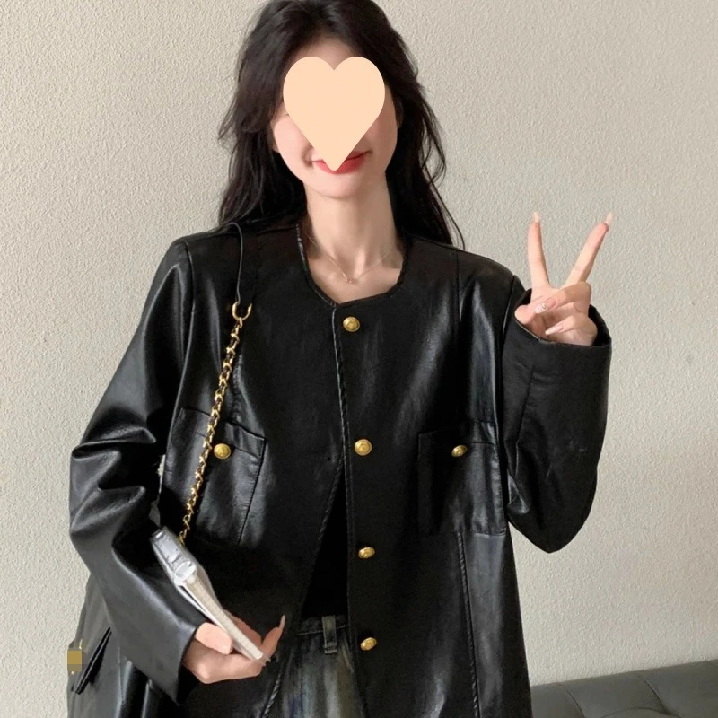 Novo em casacos jaquetas mulheres estilos curtos primavera novo estilo coreano em torno do pescoço único breasted bolsos emendados jaqueta de couro do plutônio