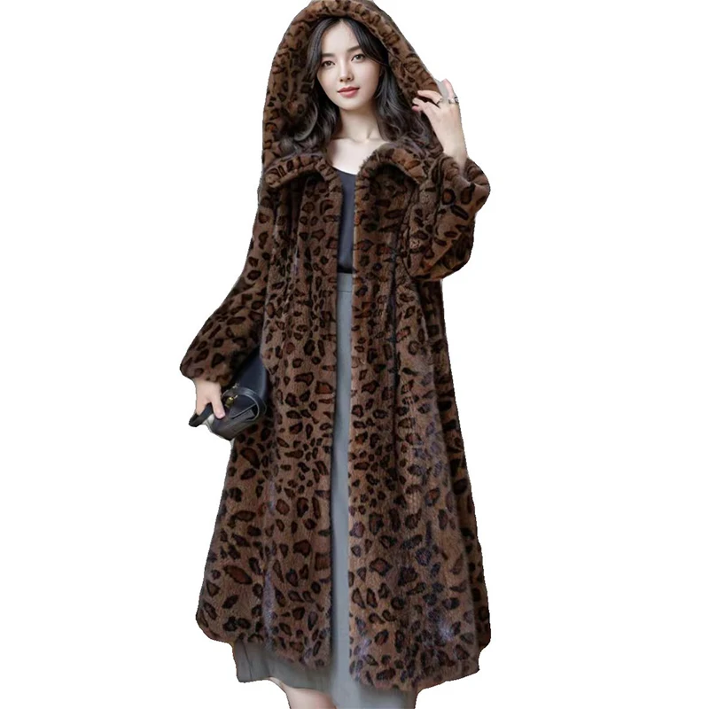 2024 Winter Jacket Long Warm Thick Leopard Dluffy Faux Fur Coat Women Artificial Mink Print Loose Luxury Designer Clothing Women