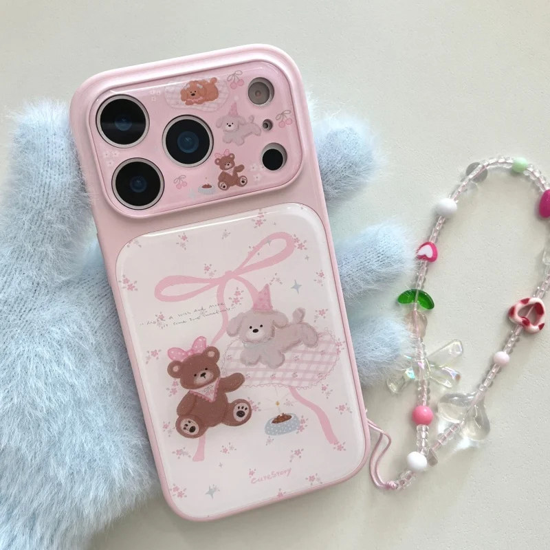

Cartoon Cute Bowknot Bear Phone Case For iPhone 17 Pro 14 15 16 Pro Max Cover with Chain Shockproof Protective Back Cases Girls
