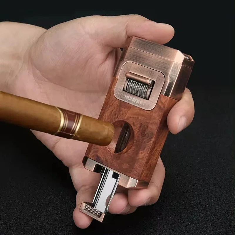 Metal High-end Cigar Lighter with Unique Wind Proof V-shaped Cutting Double Jet Flame Butane Gas Lighter Cigar Accessories