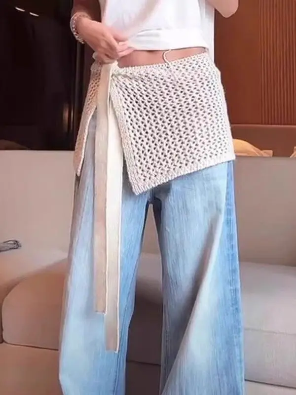 

Модная женская вязаная юбка большого размера с вырезами, в корейском стиле, многослойная, цельная, скрывающая бедра, весна 2026, новинка