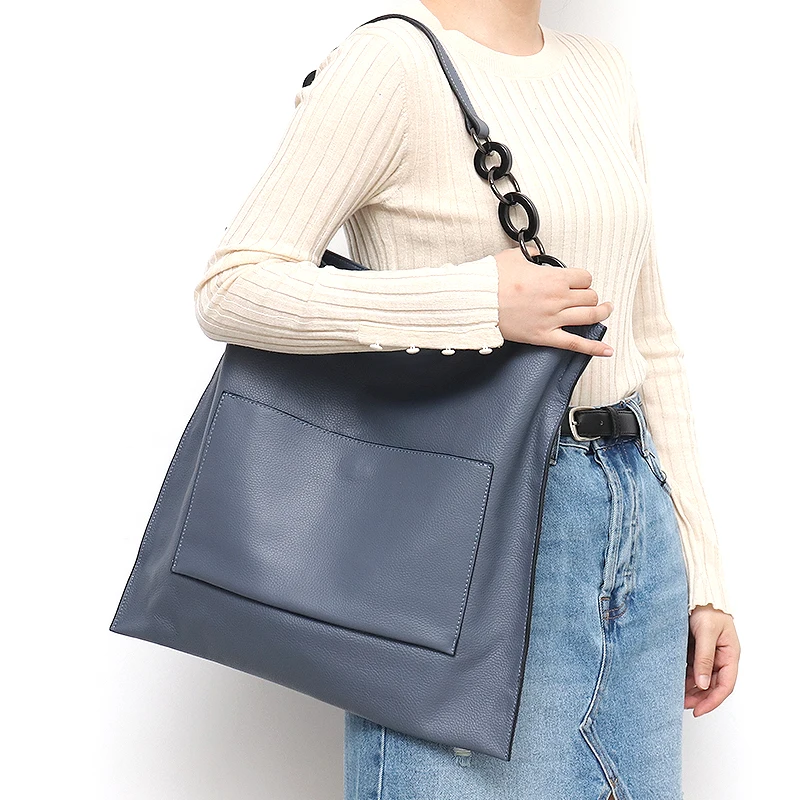 SC Design Leather Hobo Handbag Ring Chain Handle Large Front Pocket Slim Style of Cowhide Female Stylish Shoulder Bags for Lady