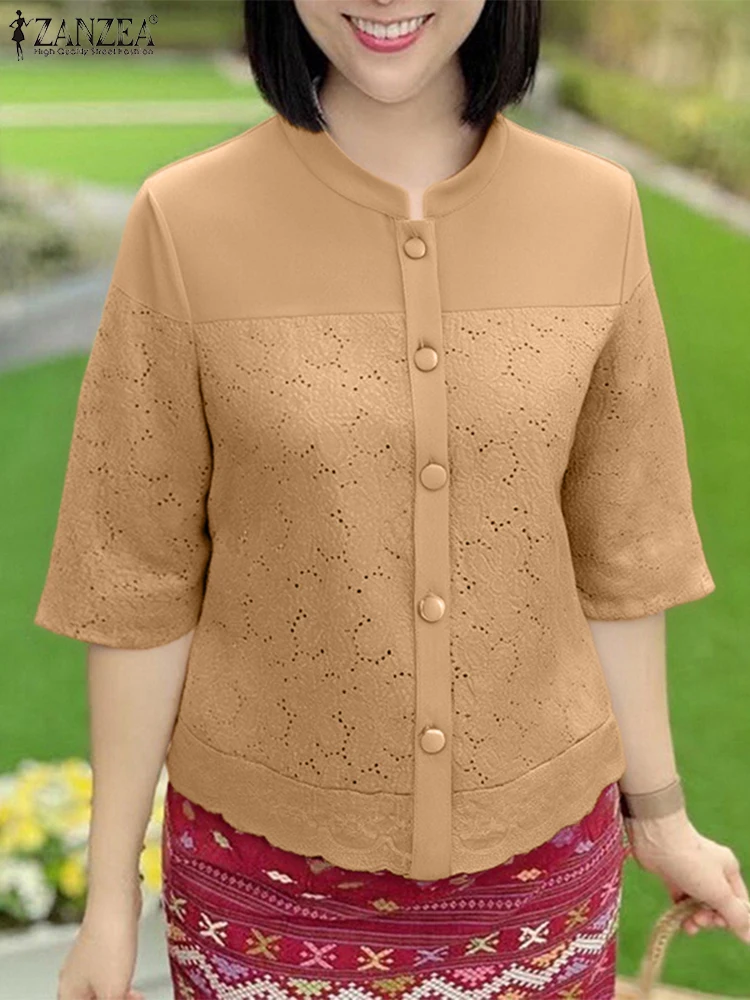 

ZANZEA Casual Loose Shirts Fashion Half Sleeve Tops Women Summer Hollow Out Blusas 2025 O-Neck Elegant OL Tunic Oversized