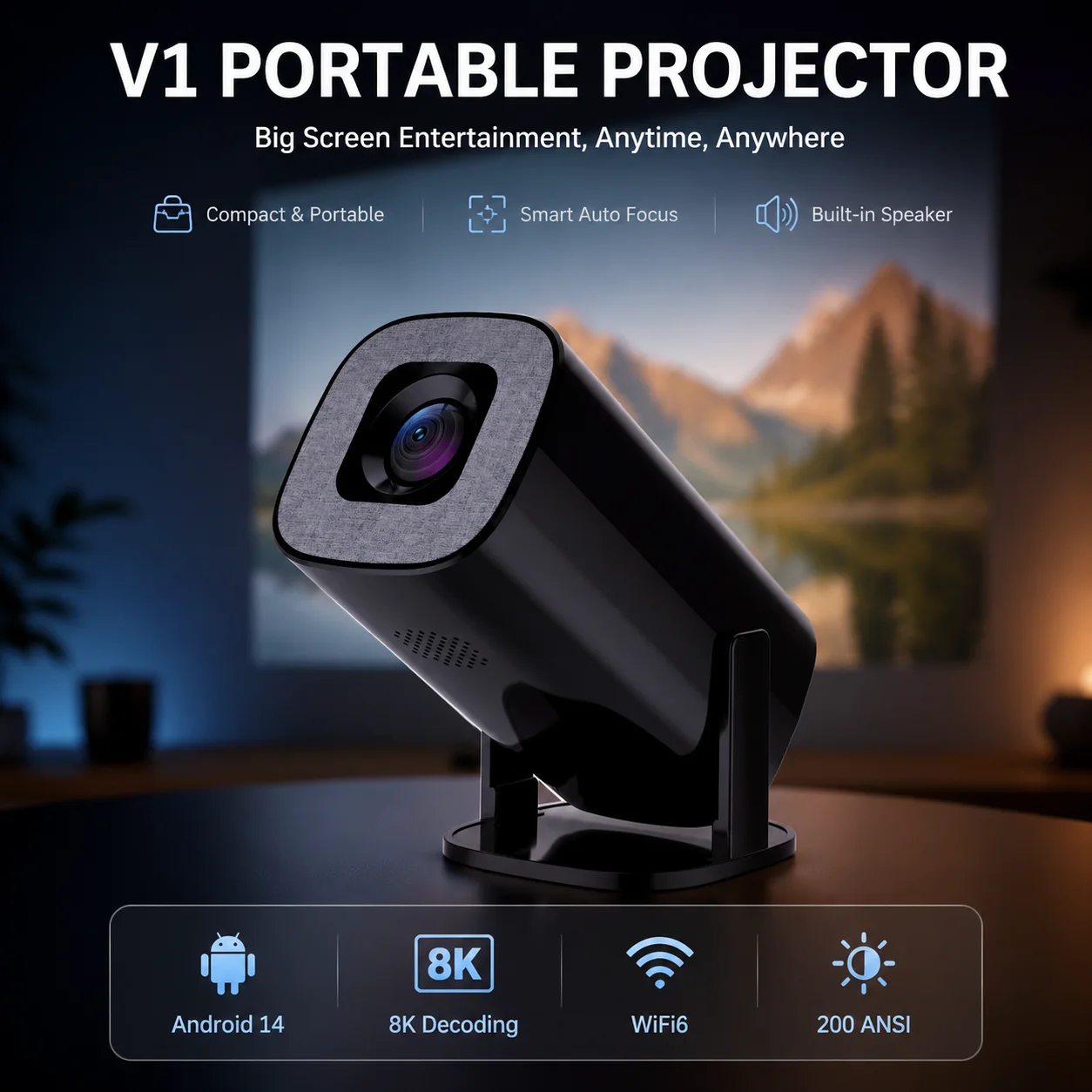 Портативный умный проектор LINGLAN V1 Pocket LED с короткофокусным объективом, разрешением Native 1080P, декодированием 8K, двухдиапазонным Wi-Fi и Bluetooth для домашнего кинотеатра