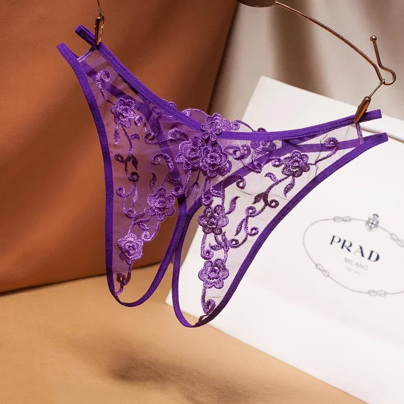

Sexy Open Crotch Underwear Women's Mesh flowers Embroidery G-string Retro Hollow Transparent Thong Ultra-Thin Low-Waist t-pants
