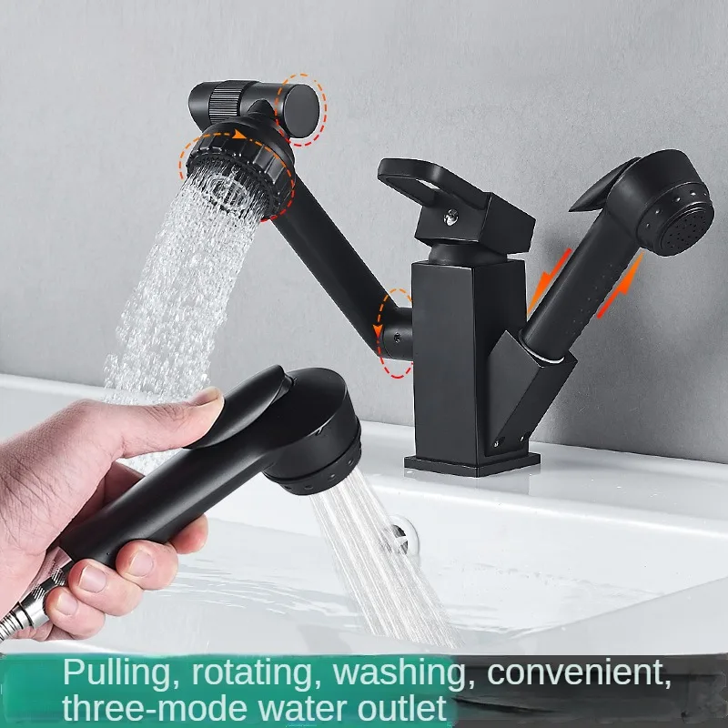 All copper multi-directional universal rotation pull faucet, cold and hot splash proof faucet on the bathroom counter, black