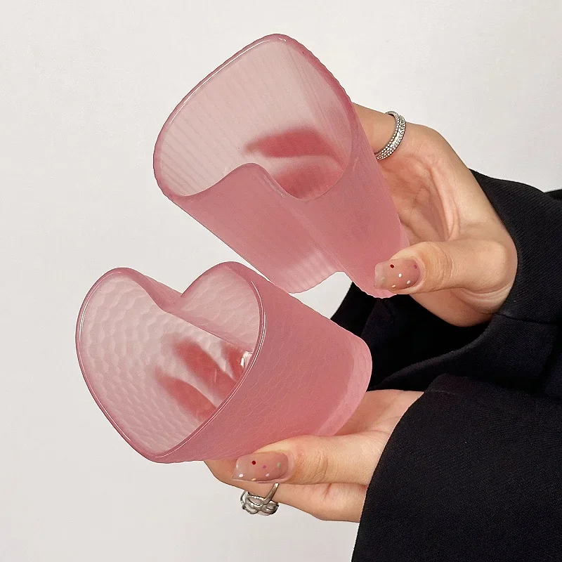 Pink Heart Glass Coffee Cup Creative Hammer Pattern Drink Water Cup Kitchen Fashion Advanced Sense Heat-resisting Juice Glass
