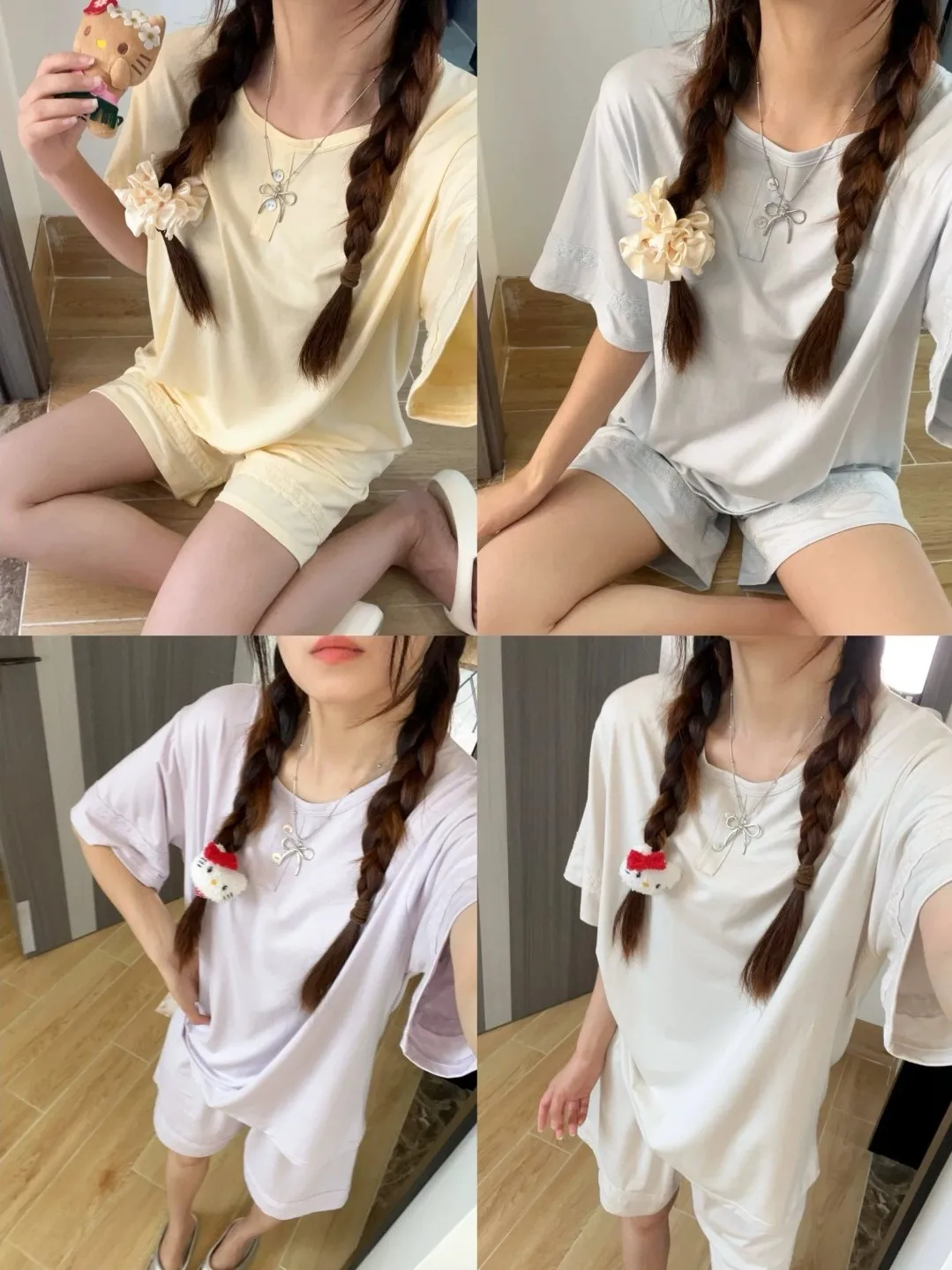 

Summer Soft Blend Silk Sleepwear Set Women's Comfortable Loose Home Clothes Lace Splicing Short Sleeve round Neck Pullover