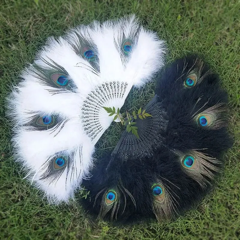 Handheld Peacock Folding Fan with Tassel Soft Thick Feathers Portable Dance Fan Hollow Handle Wedding Party