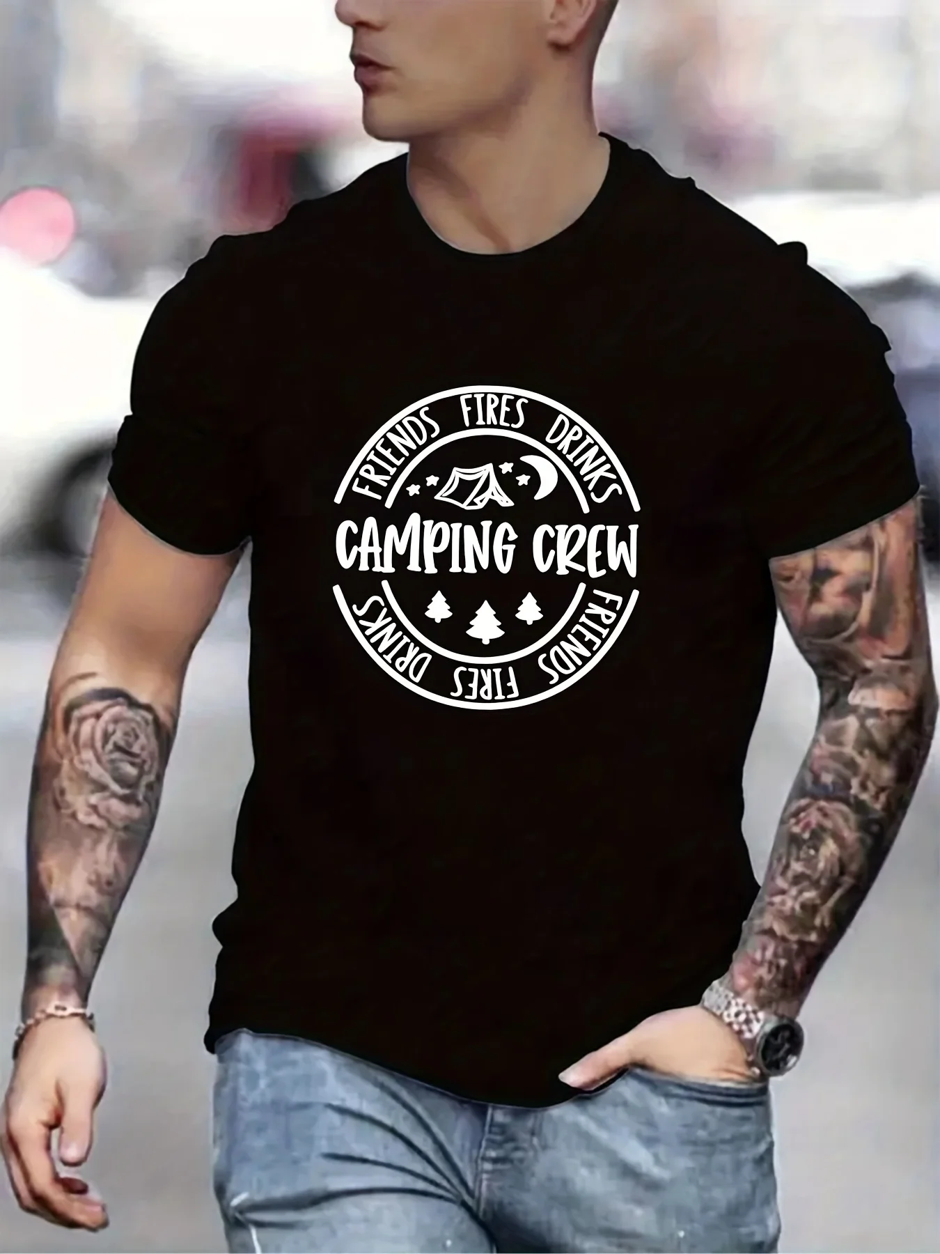 

Men's Casual Short Sleeve Crew Neck T-Shirt - "Camping Crew" Graphic Print with Friends Fires Drinks Slogan Perfect Summer
