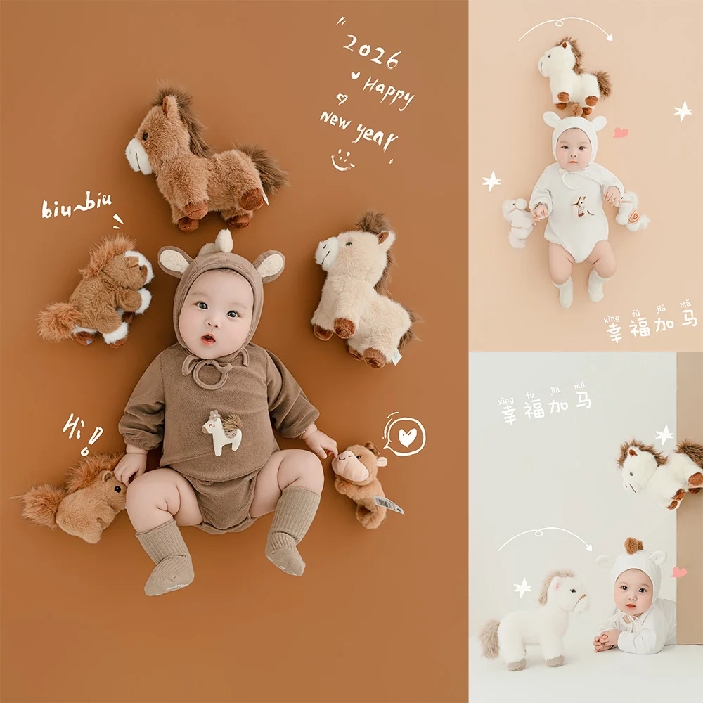 

100 Days Baby Milestone Photography Props Horse Themed Baby Romper+hat Set Stuffed Pony Dolls Decor Accessories for Studio Photo