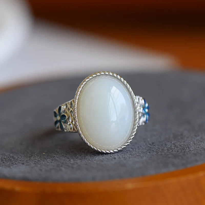 

S925 Inlaid Hetian White Jade Women'S Surface Silver Jewelry Ring
