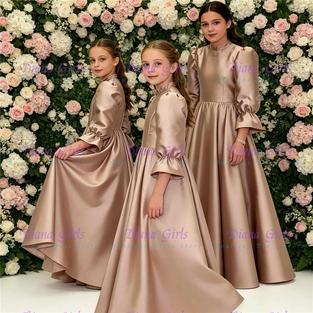 Hochwertiges, elegantes Blumenmädchenkleid aus Champagner-Satin, A-Linie, flauschig mit exquisiter Applikation für Kindergeburtstagsfeiern und Abendveranstaltungen.