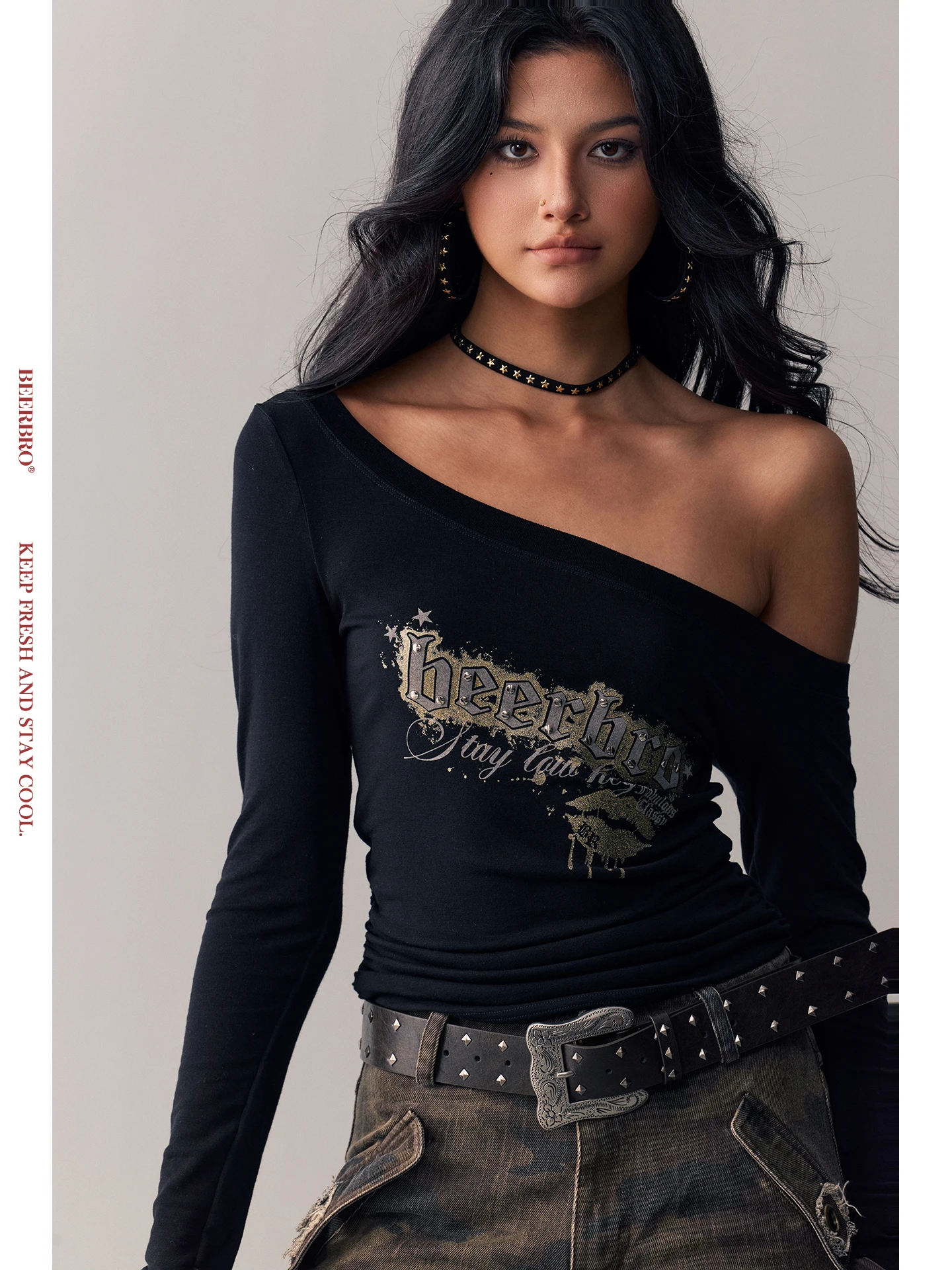 

Comfortable Long Sleeve T-Shirt Women's Style Retro Sound Wave BeerBro Silk Wool Spring Shoulder Slanting Breathable Ladies' Top
