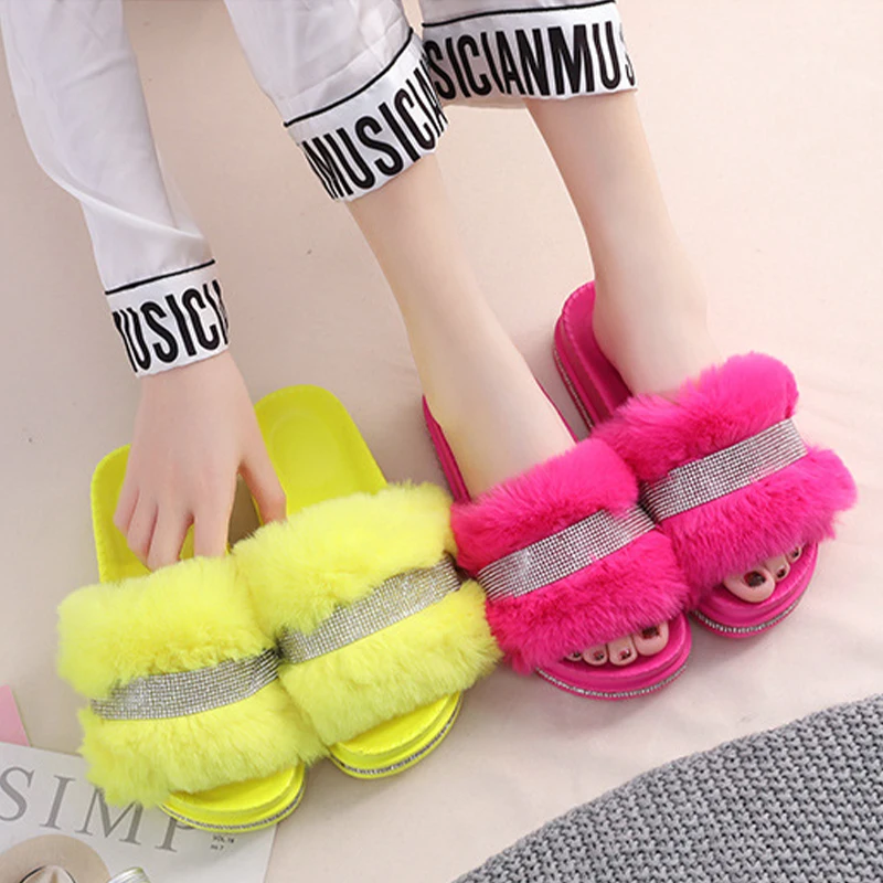 2024 Fur Bright Rhinestone Slippers Women Luxury Platform Heel Fluffy Furry Slides Outside Flip-Flop Ladies Fur Sandals