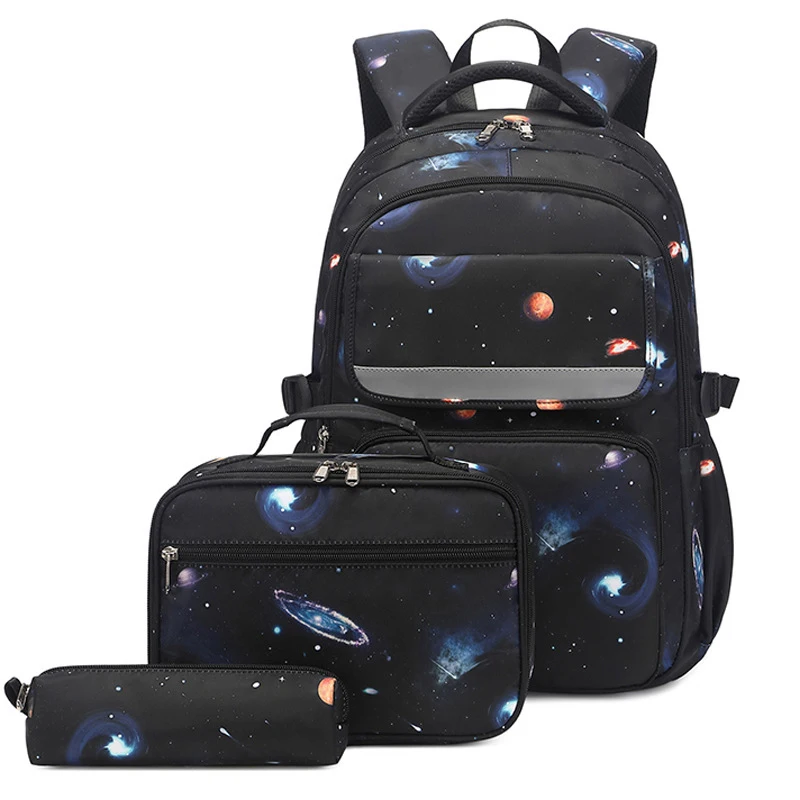 Mochilas impermeables con patrón de cielo estrellado para niños, bolsa escolar para estudiantes, bolsa de almuerzo, estuche para lápices, 3 piezas por juego