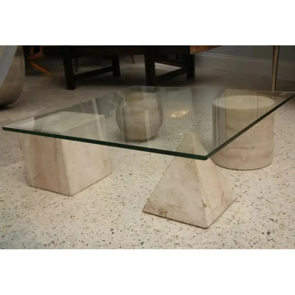 

SH STONE Modern Living Room Furniture Travertine Marble And Glass Low Table Travertine Coffee Table With Glass Top