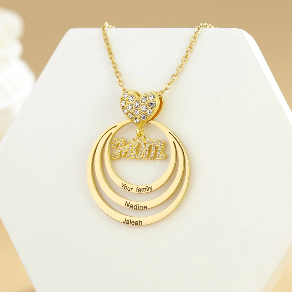 

Qitian Mother's Day Gift Mom's Heart Personalized Family Stacked Circles Necklace Custom Stainless Steel Name Necklace For Women