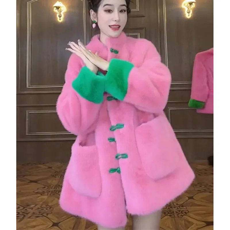 

2025 Women Patchwork Jacket Autumn Winter Femme Fashion Imitation Lamb Wool Outwear Korean Ladies Casual Long Sleeves Tops Coat
