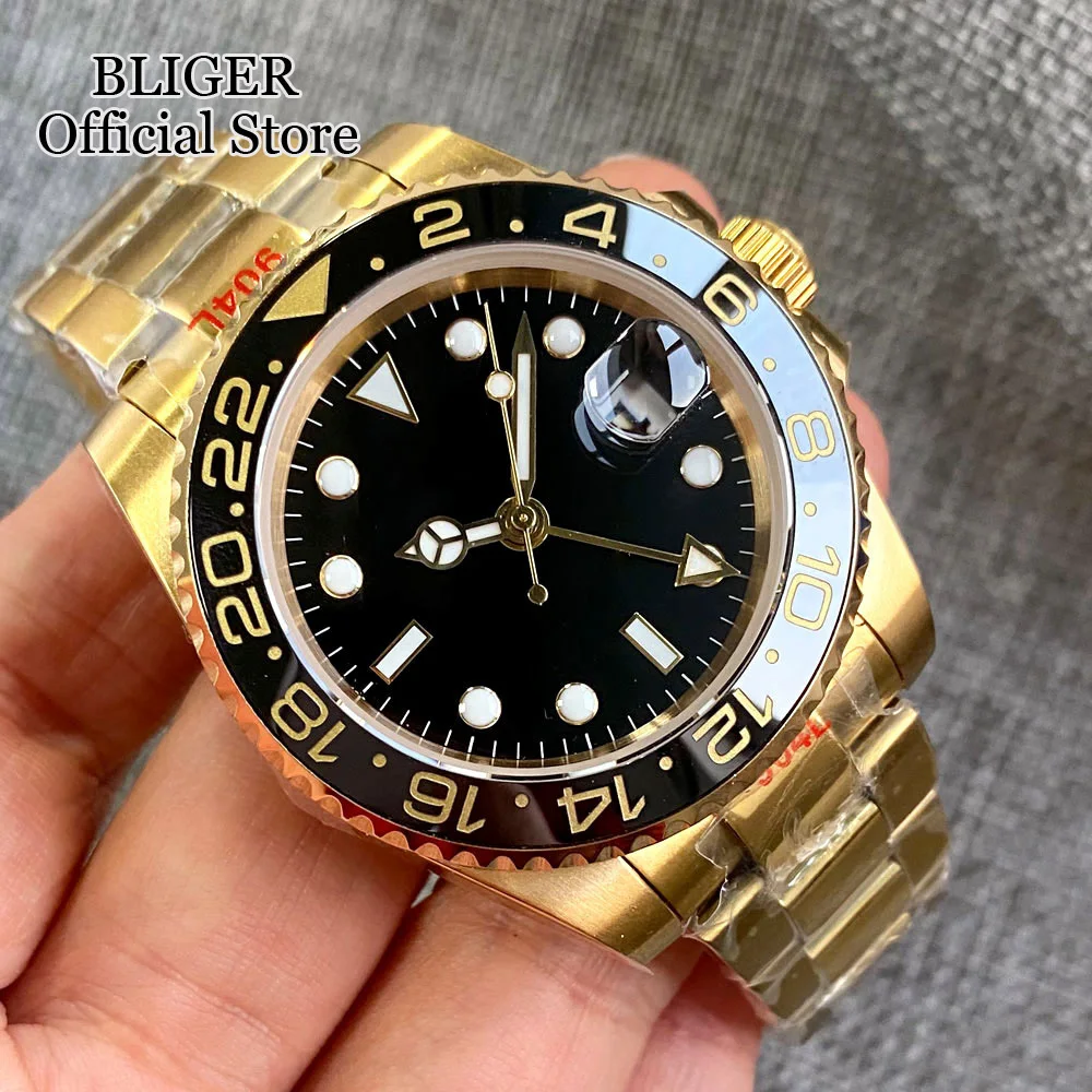 

BLIGER New NH34A 40mm Gold Case GMT Function NH34 GMT Automatic Watch Men Ceramics Insert Sapphire Glass Green Luminous