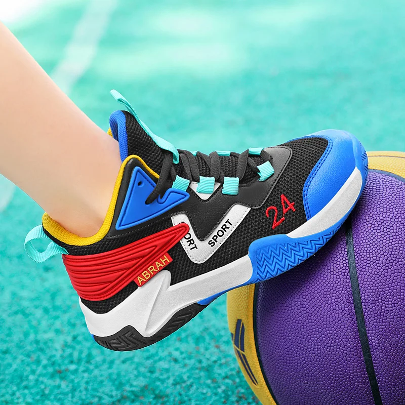 Kids High-Top Breathable Mesh Basketball Sneakers Lightweight Court Shoes for Boys Girls Non-Slip Cushioned Training Sports Shoe