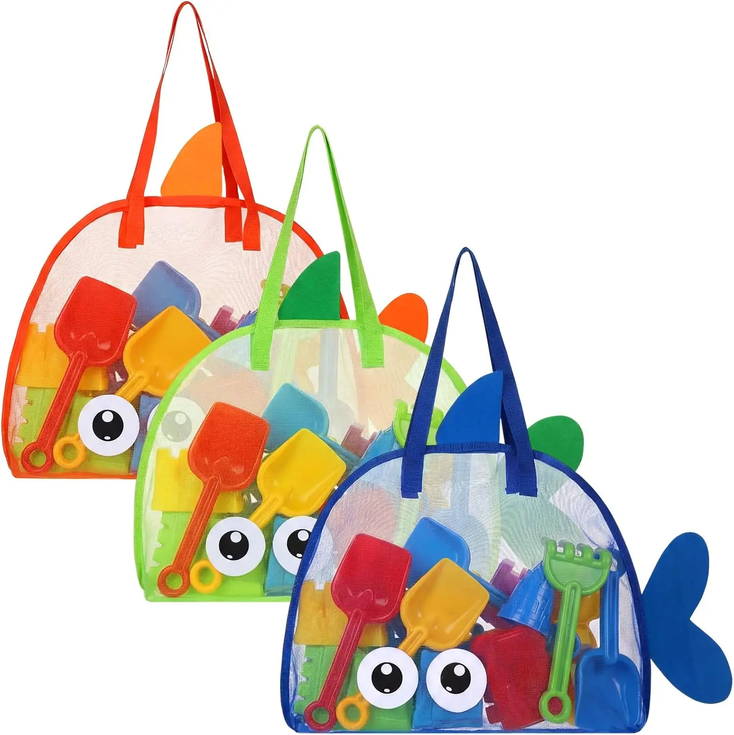 3 Pcs Fish Shaped Mesh Bag for Beach Toys Shell Collecting Bags Sand Toys for Beach Tools Kids Picking up Shells, 3 Colors