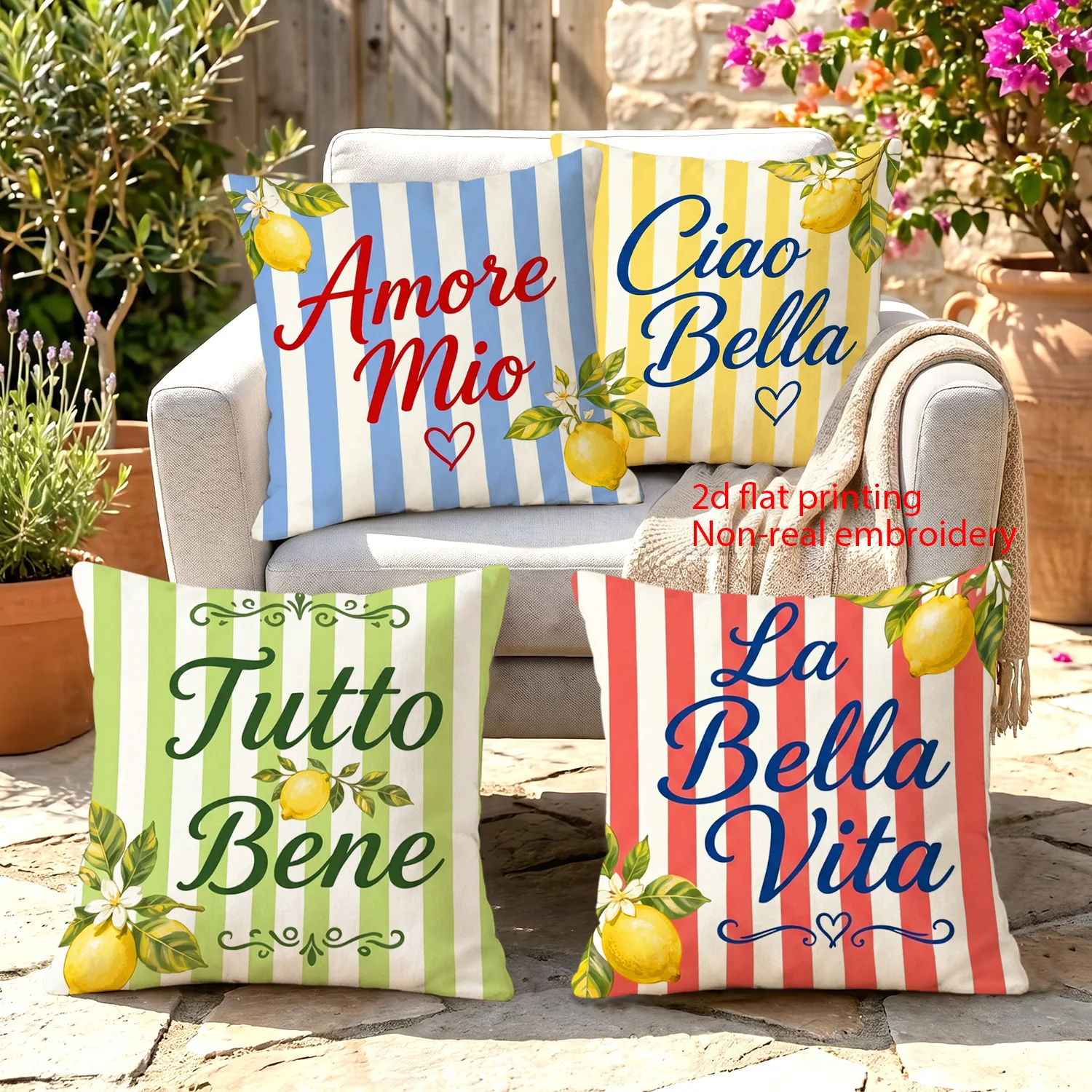 1pc Ciao Bella Amore Mio Italian Fruit Pillow Cover 2D Double-Side Print Polyester Cushion Case for Home Car Housewarming Gift D