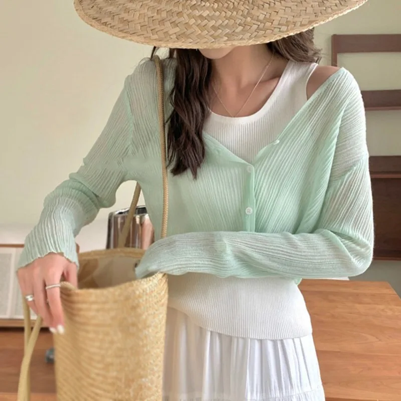 Women Cardigan V-neck Long Sleeve Female Shirt Sun Protection Lady Short Thin Morandi Top Casual Sun Protection Tees Autumn