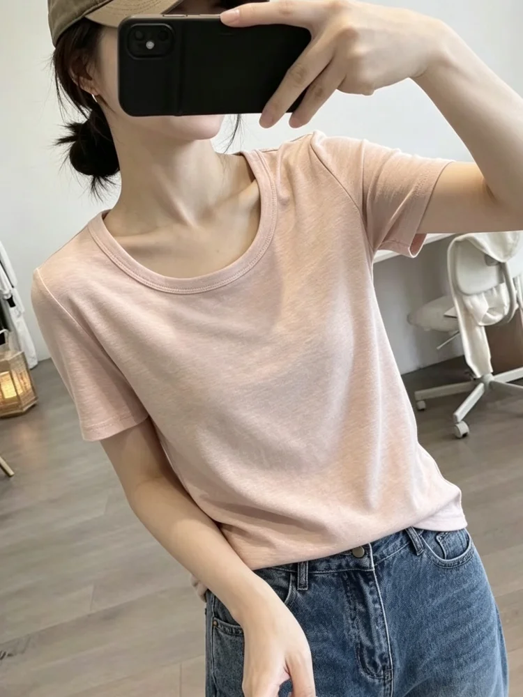 Korean Style Basic Short Sleeve T-Shirt Women's Summer New Soft Slimming Versatile Cotton round Neck Top Commute Friendly