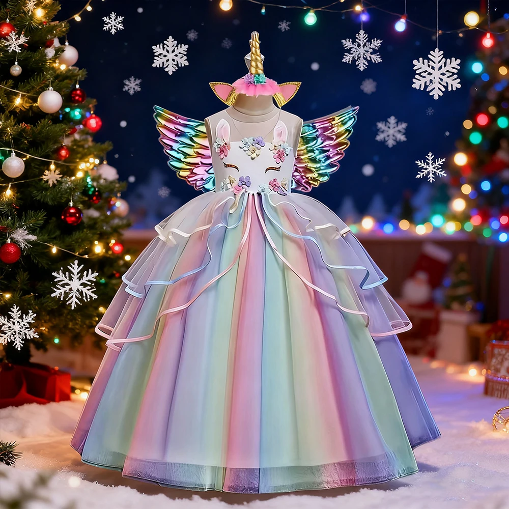 

Christmas Girls Party Dresses Unicorn Cosplay Costume For Halloween Carnival Colorful Girl Princess Dress Kids Birthday Dress