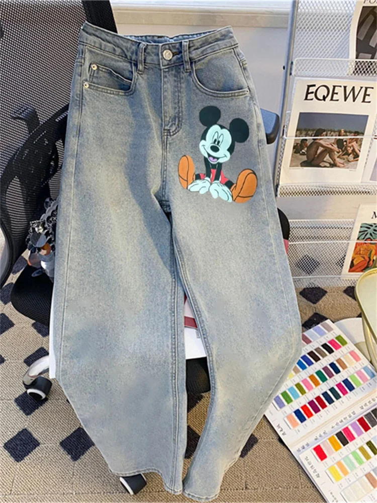 アメリカンレトロ ライトブルー ミエイプリント カジュアルジーンズ ルーズフィット ハイウエスト ロングパンツ 夏用 高級感 多用途