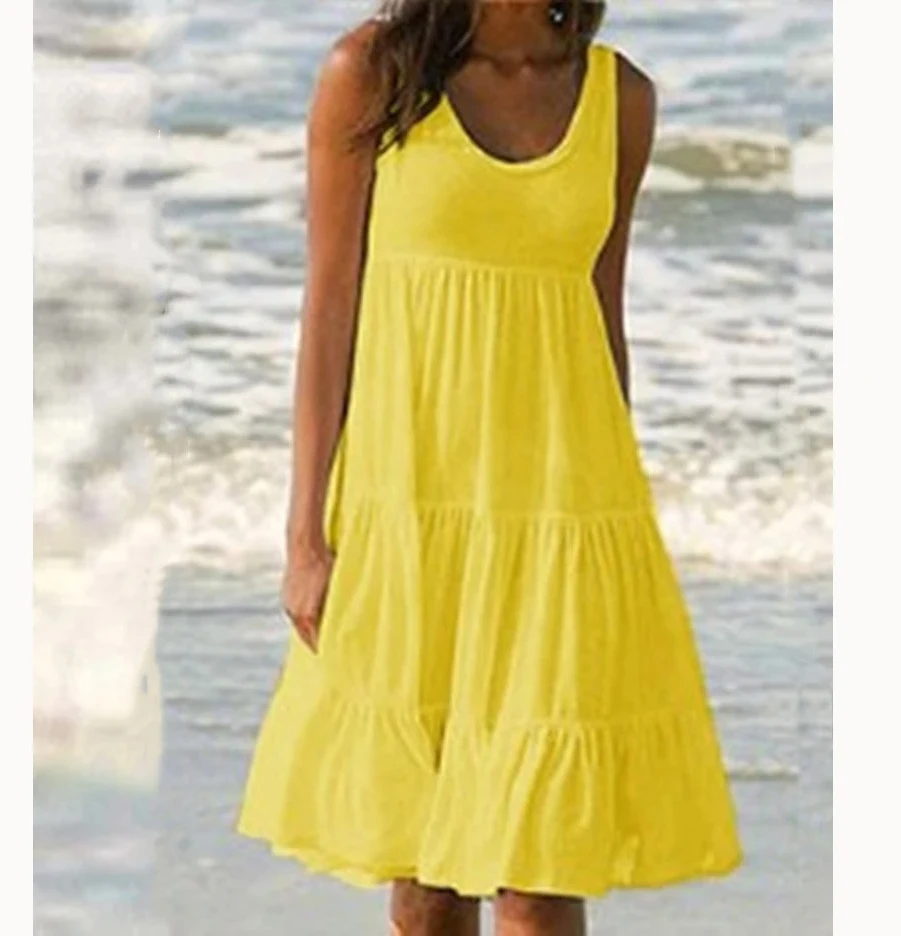 Minivestido sin mangas con volantes para mujer, vestido bohemio liso para playa, vestido suelto de gran tamaño para verano