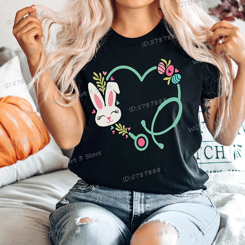 Heart Stethoscope Nurse Easter T-Shirt Nursing School Bunny Matching Tee Women Cute Easter Nurse Gift Crew Neck Classic T-shirts