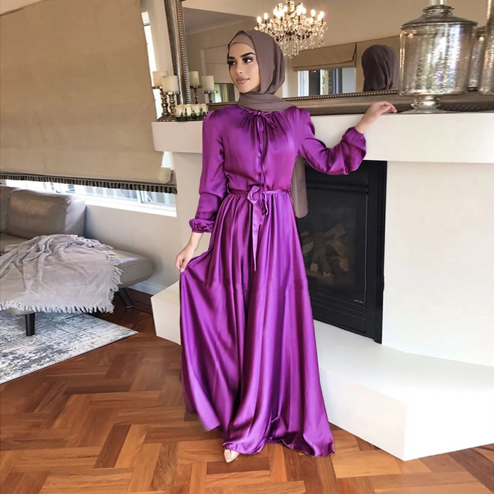 Muslim Fashion Hijab Satin Dress Ramadan Abaya Dubai Elegant Turkey Evening African Islamic Dresses for Women Arabic Kaftan Robe