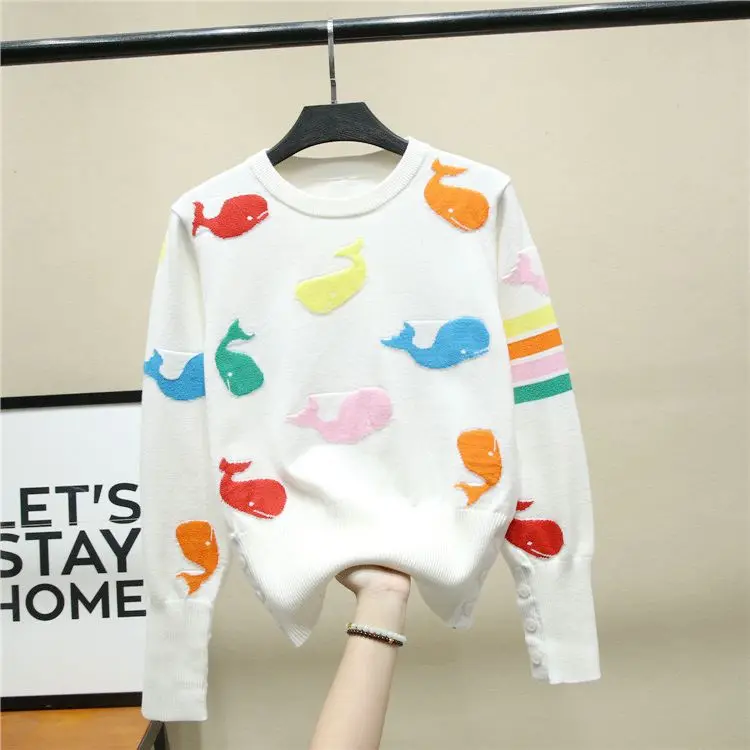 2023 Autumn/Winter New Colorful Whale Embossed Pattern Women Sweater Casual Loose Round Neck Female Pullover Knit