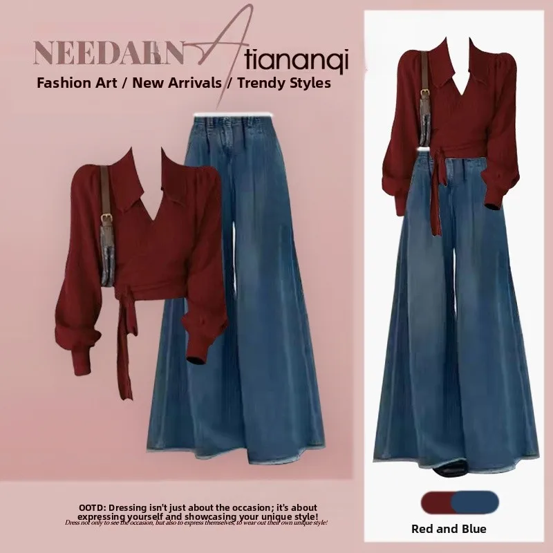 

Autumn Faion Women's Two-Piece Set Belted Waist Top Loose Jeans Retro Sle Long Sve Sweater Casual Wear Polyester Fabric