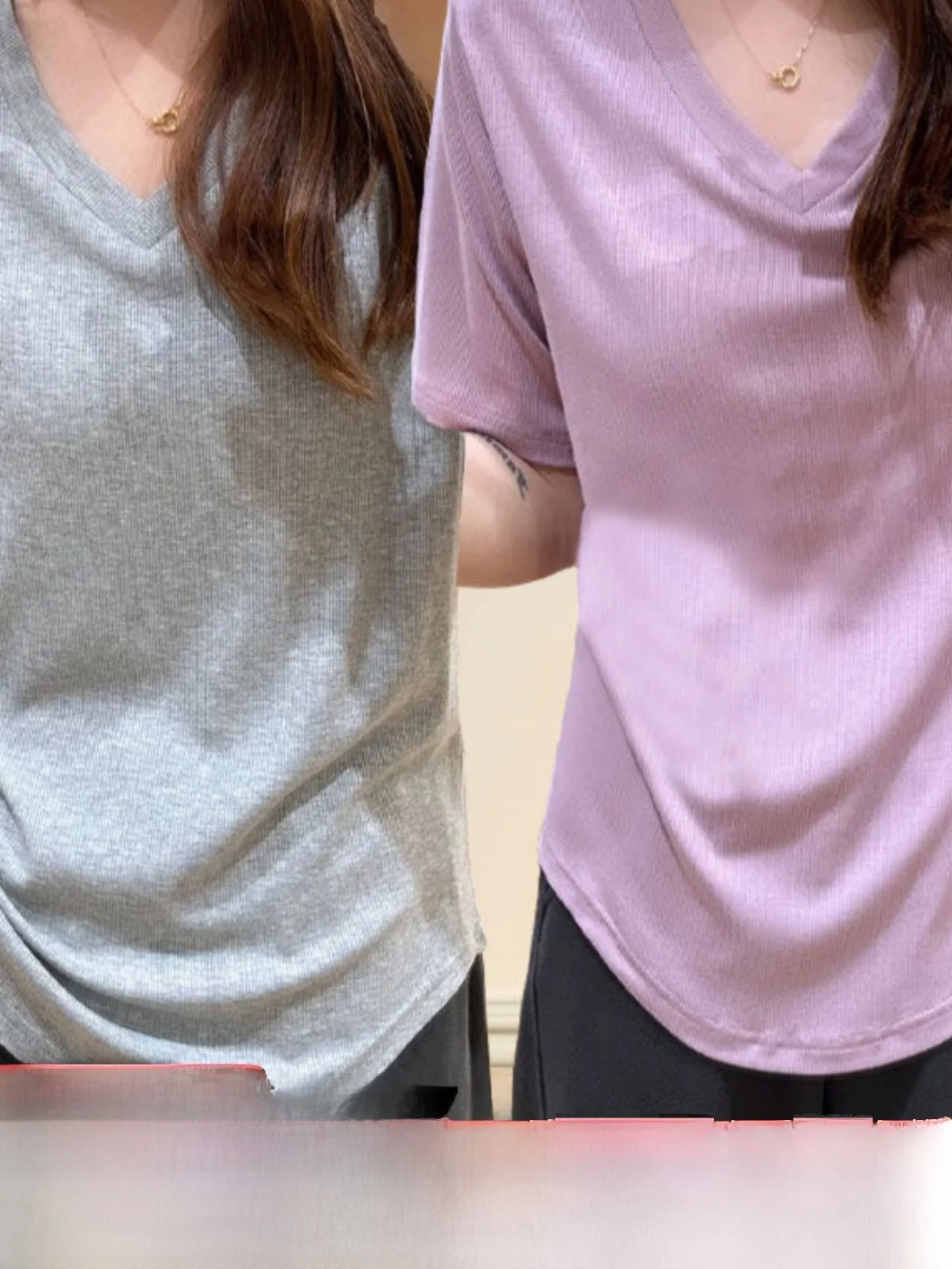 High Elasticity V-Neck Short Sleeve T-Shirt Women's Fashion Casual Versatile Loose plus Size Slimming Top Polyester Fiber