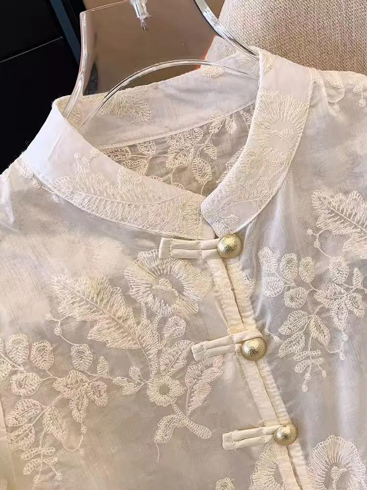 Flower Embroidery Chic Lace Splicing Tangsuit Button Shirts Women Jackets New Chinese Cheongsam Hanfu Vintage Thin Coats Summer