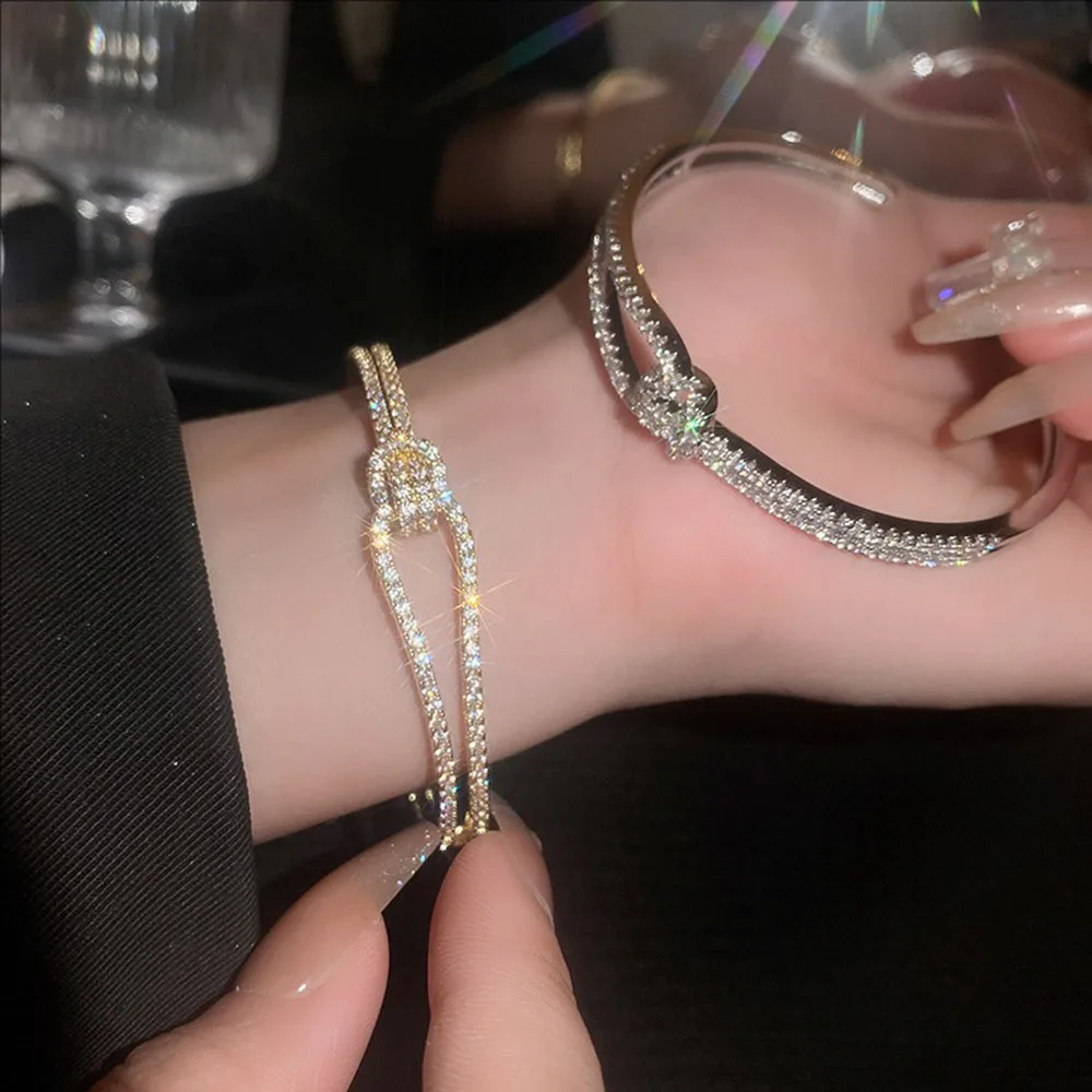 

Zircon Geometric Cross-spliced Open Bracelets Light Luxury Fashionable And High-end Wristband New Jewelry For Women