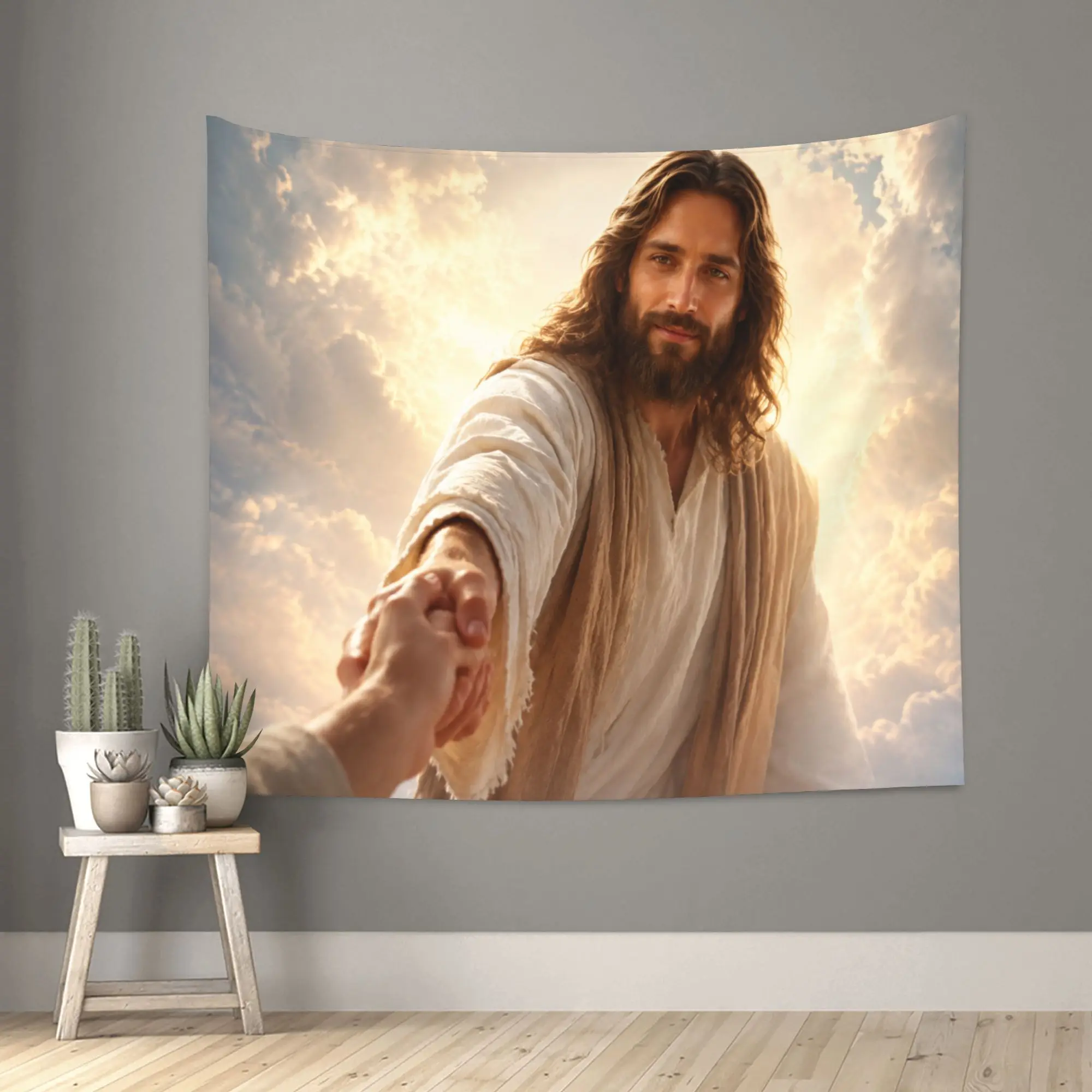 Tapisserie murale inspirante Jésus-Christ, Art religieux chrétien, Messie Sauveur Divin, Espoir, Foi, Décoration Bohème, Bannière