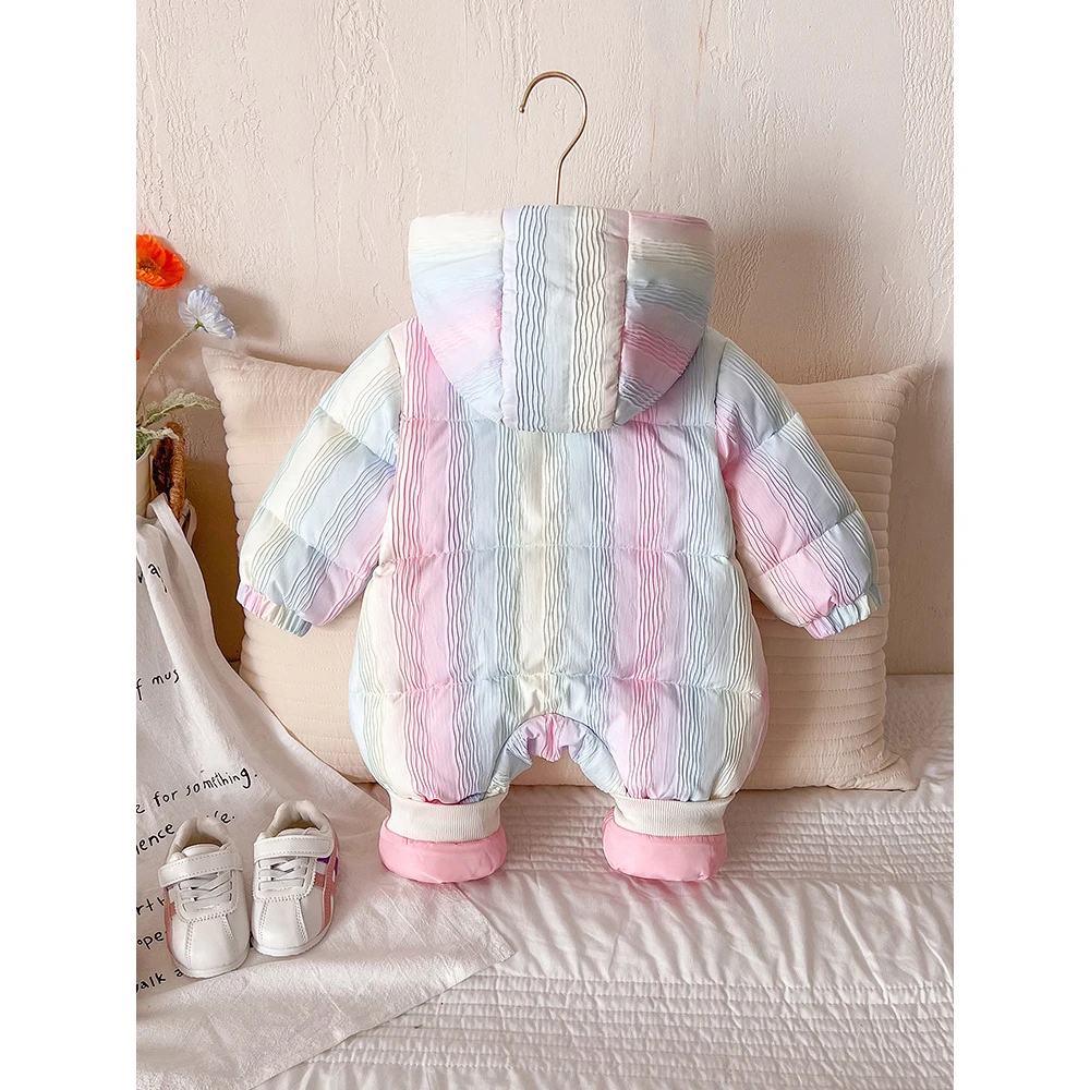 Baby Girls Gradient Puffer Romper Warm Hooded Stars Buckle Light White Duck Down Bodysuit New Born Girls Thick Jumpsuits