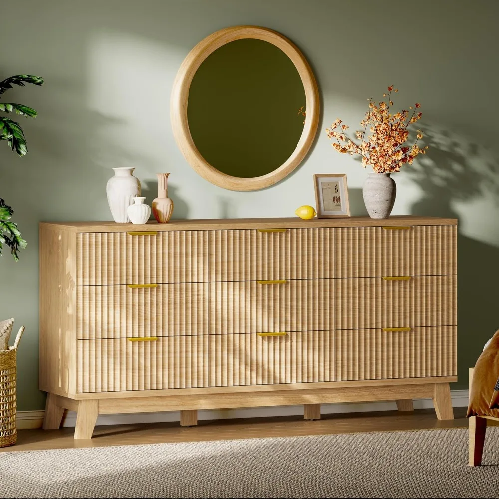 

Fluted Nine Drawer Dresser 63 Inch Wide Modern Chest Wooden TV Stand Closet Organizer Bedroom Living Room Hallway Natural Oak