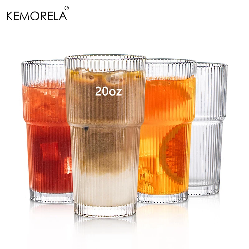 KEMORELA Juego de 4 vasos de vidrio acanalado de 20 oz – Vasos para beber de gran capacidad para café helado, agua, jugo y tazas de cócteles