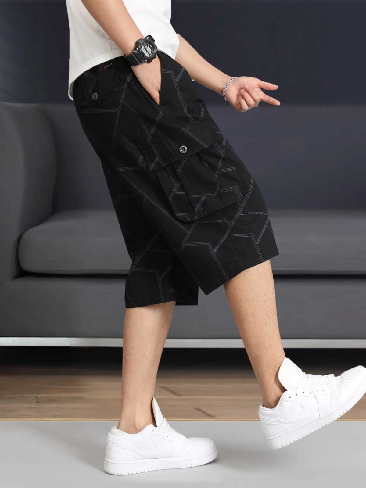 Verão fino casual solto em linha reta militar workwear orts masculino faionable calças de sete pés marca especial s multi-ket