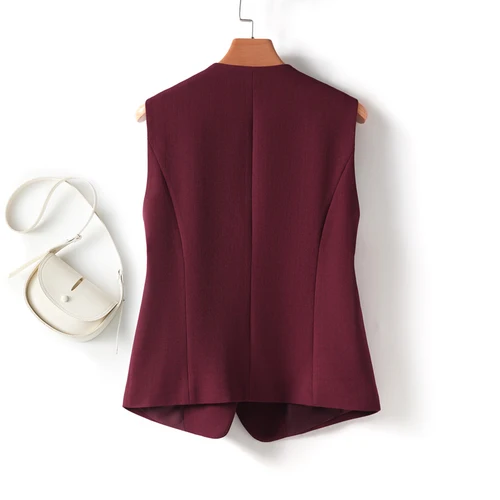 Imagen 2 del producto Chaleco corto con cuello en V y botones oblicuos color burdeos para mujer en primavera y otoño, Top sin mangas con apariencia adelgazante a la moda para uso exterior