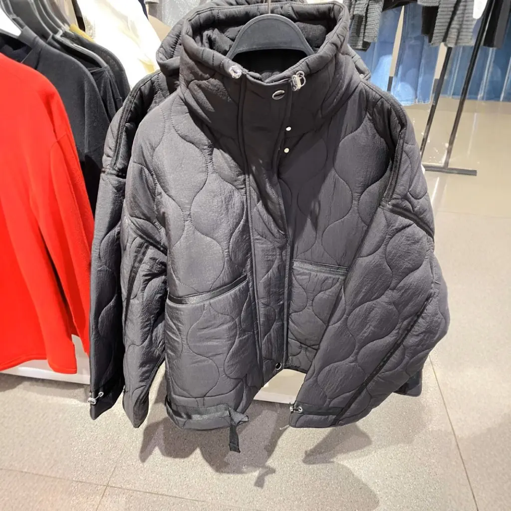 Women's Loose Version Cotton-Padded Jacket Black Stand Collar European American Style Wholesale Clothing